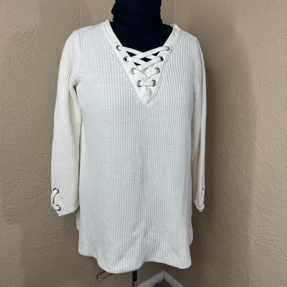 Style & Co. Knit Sweater With Lace-up Front Size XL White Soft Cozy Renaissance‎